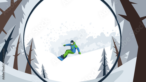 Snowboarder in action on a snowy mountain slope surrounded by pine trees