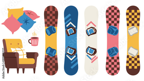Cozy winter setup with snowboards and cozy cushions in flat design