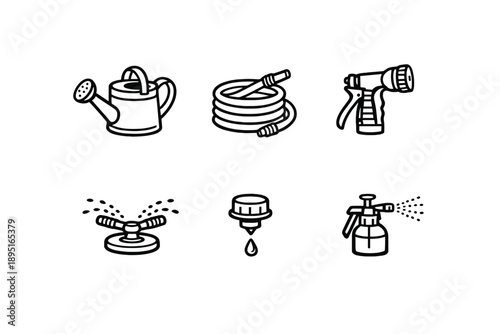 Gardening and watering icon set. Featuring watering can, hose, spray nozzle, sprinkler, drip, pump, and more.
