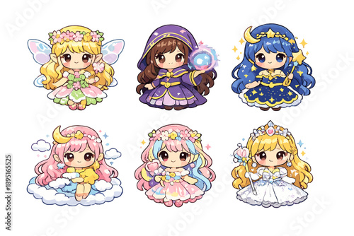 Fantasy character icons set. Featuring fairy, magician, star, moon, goddess, and angel.