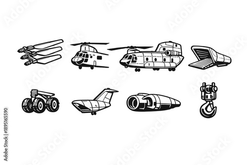 Aerospace and aviation icon set. Featuring aircraft, helicopter, drone, missiles, jet, cargo, landing gear, engine, fuselage.