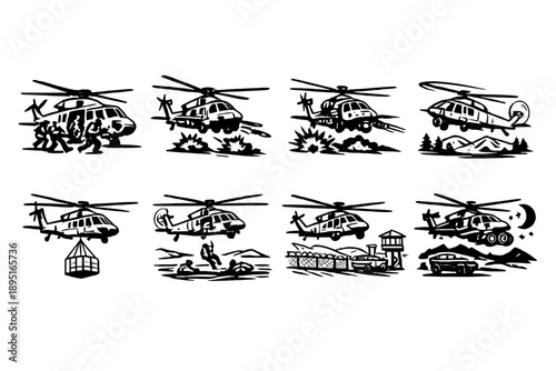 Helicopter icon set. Featuring transport, rotor, aviation, rescue, military, flight, air, chopper, landscape, emergency, drone, police, medical, cargo