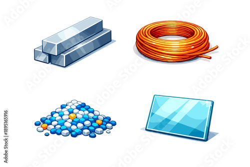 Material and resource icon set. Including metal, wire, minerals, glass, copper, elements, alloy, polymer and more.