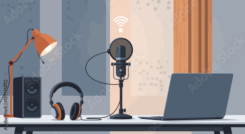 This flat design illustration showcases a clean and inviting minimalist modern podcast studio setup, perfect for solo recordings or broadcasts. It features a professional microphone, headphones