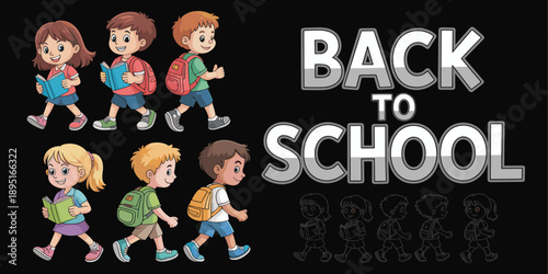 Happy children going back to school, walking with backpacks and books, cartoon style illustration for education and learning concepts.