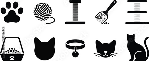 A diverse collection of cat themed icons and essential pet care items shown as black silhouettes