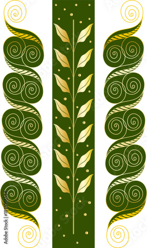 Obraz na płótnie Yellow gradient leaves and openwork shapes of curls on green substrates in the style of ancient Byzantium for printing on clothes, postcards, websites