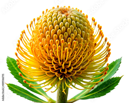 Yellow and orange Pincushion Protea Leucospermum flower on transparent background