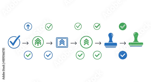 Process Flow with Checkmarks and Stamps: Approval, Steps, Validation