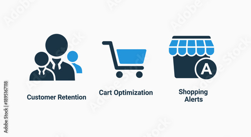 E-commerce icons for customer retention, cart optimization, and shopping alerts, illustrating online retail concepts.