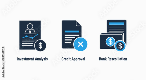 Financial icons for investment analysis, credit approval, and bank reconciliation, with charts, documents, and money symbols.