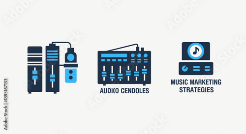 Audio mixing and music marketing icons, featuring sound consoles, audio processors, and promotional tools with musical notes.