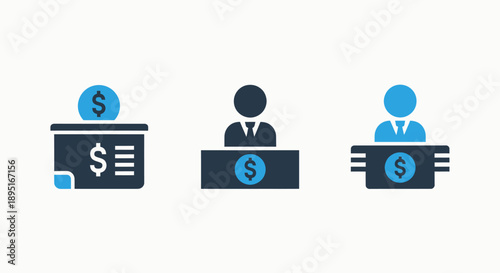 Financial icons representing banking transactions, deposits, and teller services, with money and document symbols.