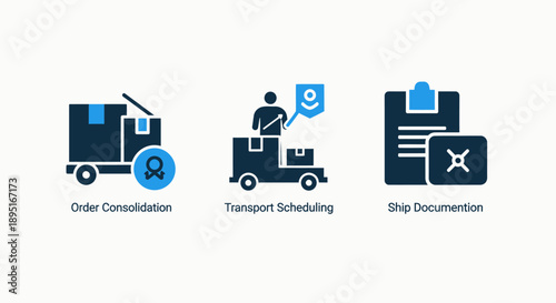 Icons for order consolidation, transport scheduling, and ship documentation, related to logistics and supply chain management.
