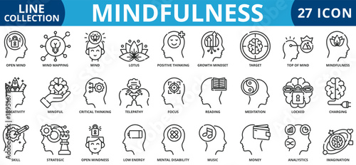 Mindfullness icon set out line style icon set collection vector illustration