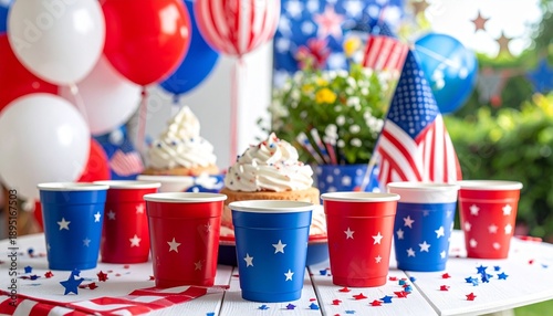 Festive Fourth of July setup with red, white, and blue cups, fireworks, balloons, and patriotic decorations.