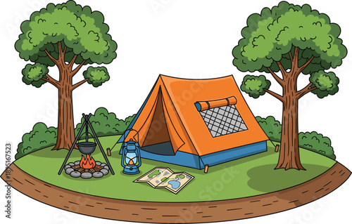 Camping site illustration with tent, campfire, lantern, cooking pot, and trees, outdoor adventure landscape, hiking travel concept, cartoon vector design