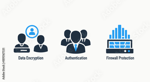 Cybersecurity icons: data encryption with user groups, authentication with multiple people, and firewall protection with server rack.