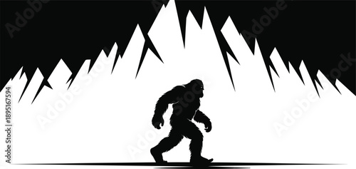 A furry Bigfoot silhouette steps confidently across a stark landscape with jagged mountain peaks