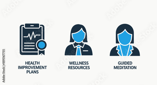 Health Improvement Plans, Wellness Resources, and Guided Meditation Icons for Healthcare and Self-Care Concepts
