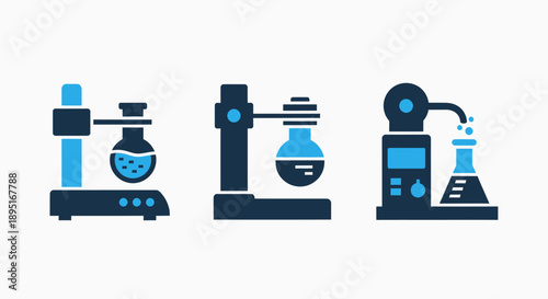 Laboratory Equipment Icons: Stirrer, Beaker, and Distillation Apparatus for Science and Research