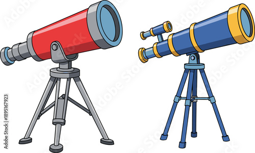 Astronomy telescope vector illustration set with tripod stands, space observation equipment, stargazing and scientific research tools, cartoon style, isolated design