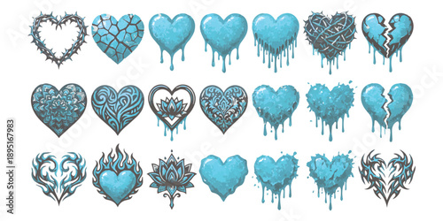 Collection of diverse blue heart illustrations with various textures and effects, symbolizing love and emotions