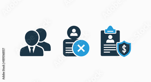 Icons representing business team, user rejection, and secure financial transactions, symbolizing HR, risk, and safety