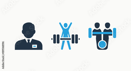Fitness and Health Icons: Personal Training, Weightlifting, and Team Workout