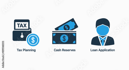 Financial Icons: Tax Planning, Cash Reserves, and Loan Application Process