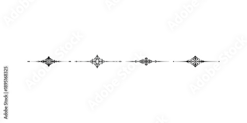 Four minimalist symmetrical graphic ornaments featuring small intricate scrolls used as horizontal separation elements