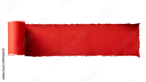 Torn and rolled red textured paper revealing copy space on transparent background