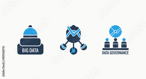 Big data and governance icons: data volume, data mining, network, data governance, management, technology, analysis, strategy