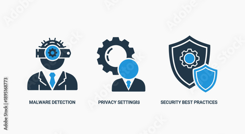 Cybersecurity icons: malware detection, privacy settings, security best practices, shield, protection, data safety, antivirus, technology