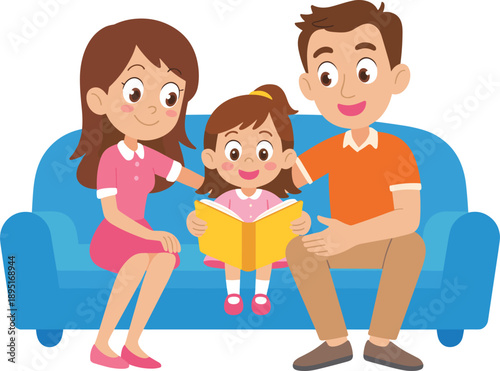 Happy family reading book together on couch, cartoon illustration showing parent-child bonding, early education, love, care, home learning time