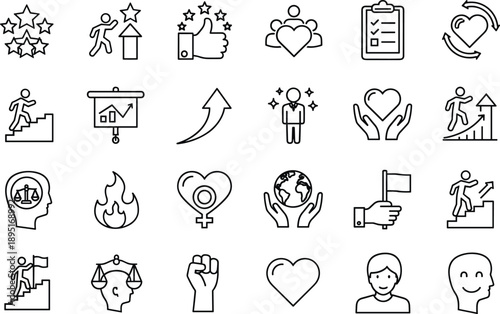 Motivation and personal growth icon set with success progress leadership values teamwork goals mindset and self improvement symbols vector