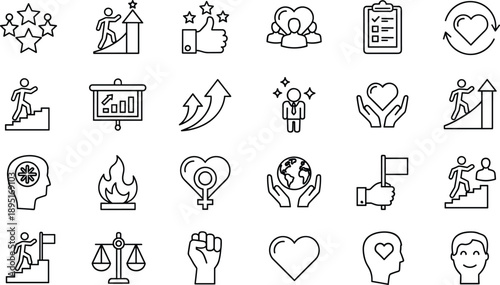 Motivation and success icon set with progress growth leadership teamwork goals mindset empowerment and personal development symbols vector