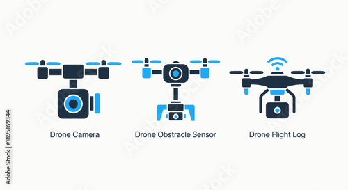 Drone icons showcasing camera, obstacle sensor, and flight log, representing aerial photography, surveillance, and data recording.