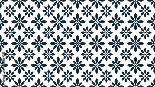 A repeating floral or star like pattern in dark blue on a bright white seamless surface