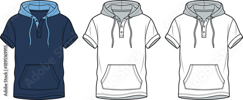 Short sleeve hoodie technical sketch set, hooded t-shirt fashion flat template, casual streetwear apparel design, mockup for garment,
