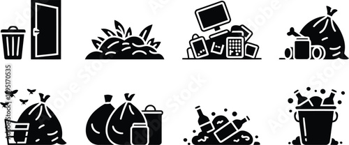 A series of black silhouette icons depicting different types of waste and garbage disposal scenarios