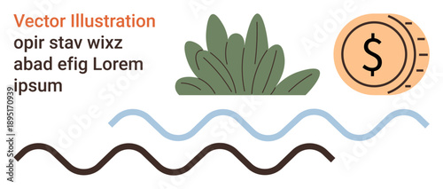 Environmental sustainability, financial planning, economic growth, nature conservation, water resources, investment. Green foliage, water waves and a coin icon. Financial planning and environmental