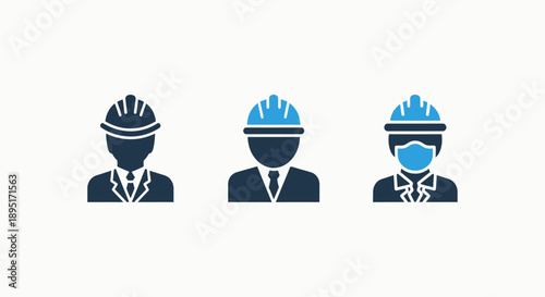 Icons of engineers wearing hard hats, one with a face mask, representing the construction industry and safety protocols in a professional style.