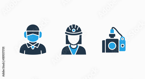 Industrial Safety and Monitoring Icons Set: Worker with Face Mask, Female Engineer, and Specialized Equipment for Workplace Protection