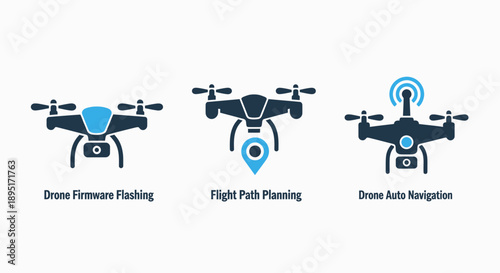 Advanced Drone Firmware Flashing, Flight Path Planning, and Auto Navigation System Icons for Aerial Technology