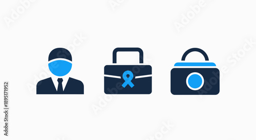 Icons symbolizing personal security and support: a person with a mask, a briefcase with a blue ribbon, and a padlock. Protection, health awareness, and privacy.