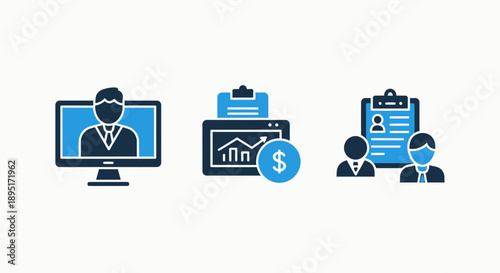 Icons for business analytics and finance: a person on a computer screen, a dashboard with growth chart and dollar, and a team reviewing a report. Data-driven decision making.