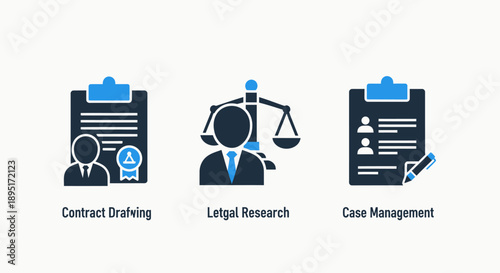 Legal and business icons: contract drafting with a seal, legal research with scales of justice, and case management with a pen.