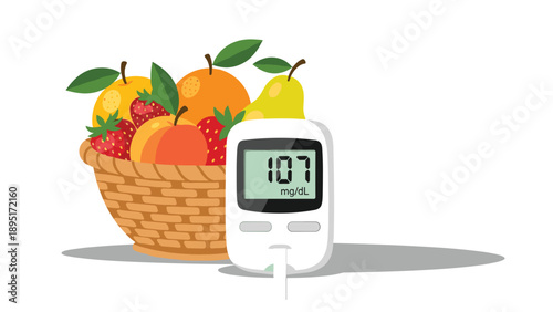 Digital blood glucose monitor displays a healthy reading next to a basket filled with various fresh fruits like oranges and strawberries.