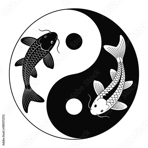 Yin yang symbol with two koi fish swimming inside representing balance harmony duality and traditional asian culture against transparent background